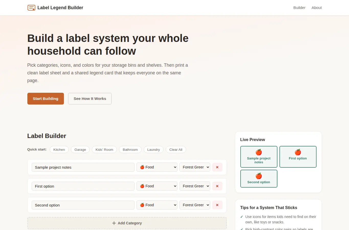Screenshot of Household Label Legend Builder interface showing the project page in use